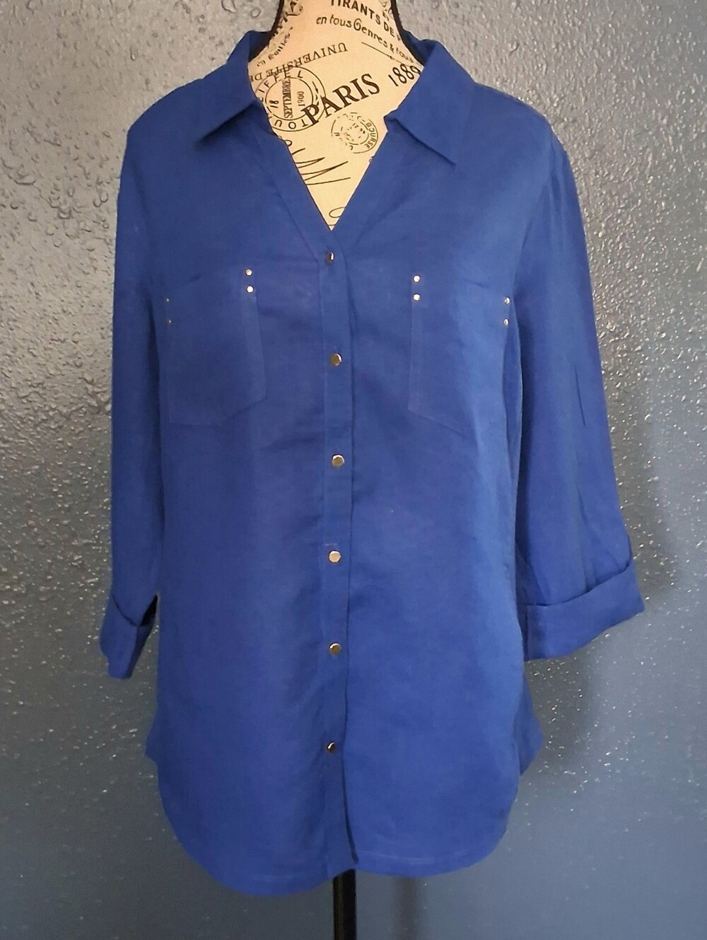 Emily Daniels Womens Classic Linen Blend Button Down Shirt Large